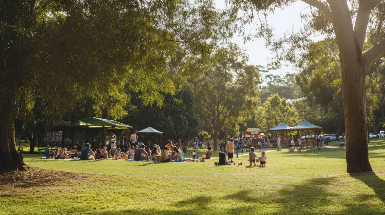 Famílias fazem piquenique num parque com árvores durante o fim de tarde