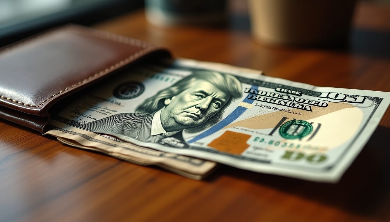 Carteira com notas de dólar sobre uma mesa de madeira